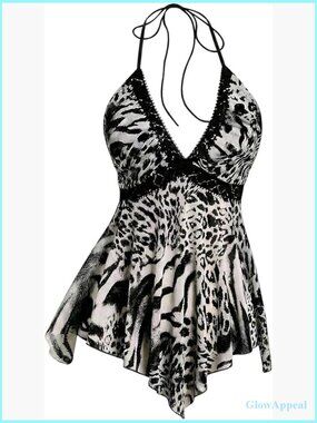 Leopard Halter Top Backless Tie Asymmetrical Y2K Vintage Party Club